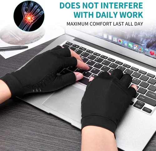 Vista 3 de Guantes de cobre para artritis para mujeres y hombres, sin dedos, transpirables y absorben la humedad, guantes de compresión para escribir