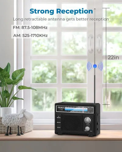 Vista 4 de PRUNUS J-136 Radio AM FM portátil con la mejor recepción, funciona con pilas D o enchufe en la pared, radio transistor, soporte de altavoz AUX