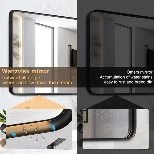 Vista 3 de Espejos con marco negro para baño, espejo rectangular de 55 x 30 pulgadas con esquinas redondeadas para pared, espejo de tocador negro mate