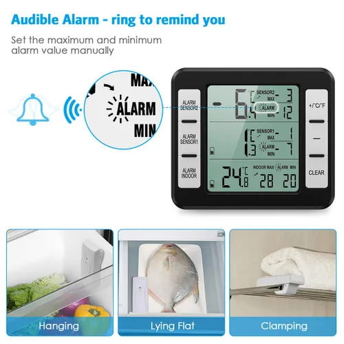 Vista 4 de Termómetro de Refrigerador AMIR (Nueva Versión), Termómetro Inalámbrico para Interior y Exterior, Sensor de Monitoreo de Temperatura con Alarma