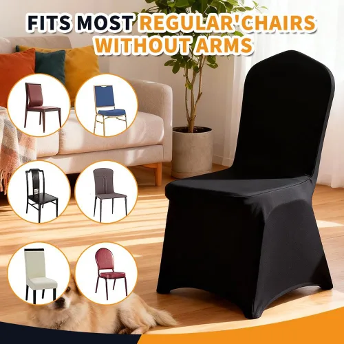 Vista 8 de Yahpetes 2 fundas para silla, de poliéster negro, fundas para sillas de banquete, parte delantera plana, elásticas, de elastano, para bodas