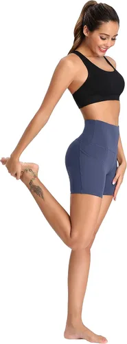 Vista 4 de Oalka Pantalones cortos de yoga para mujer, con bolsillos laterales, cintura alta, para entrenamiento, correr, deportes, 4 pulgadas