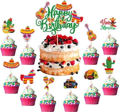 Vista 16 de Paquete de 40 adornos para cupcakes de fiesta de cactus, burro, maraca, sombrero, pimienta, guitarra, magdalenas, para fiesta mexicana, baby shower