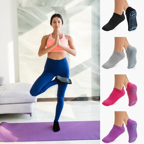 Vista 5 de SkiBeaut Calcetines adhesivos para mujer, 4 pares de calcetines antideslizantes de pilates con agarres, para mujer, yoga, hospital, calcetines