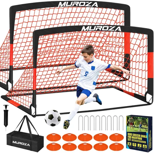 Vista 10 de Portería de fútbol, juego de porterías de fútbol para niños para patio trasero, paquete de 2 redes de fútbol portátiles desplegables con pelota