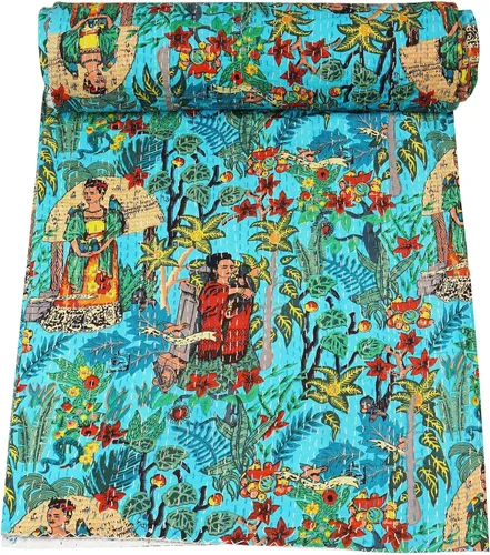 Vista 10 de Marubhumi Colcha de algodón puro Kantha con diseño tradicional indio de Farida (beige, individual (60 x 90 pulgadas)