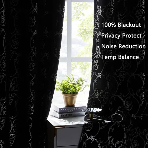 Vista 4 de Enactex Cortinas 100% opacas de 84 pulgadas de largo para dormitorio, cortinas con patrón floral plateado para sala de estar, oscurecimiento