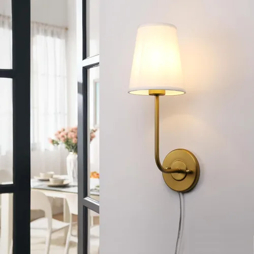 Vista 3 de Pathson Plug in Wall Sconce, Rustic Wall Light Fixture with On/Off Switch and Pure White Fabric Lampshade, Antique Brass Wall Lamp for Living Room