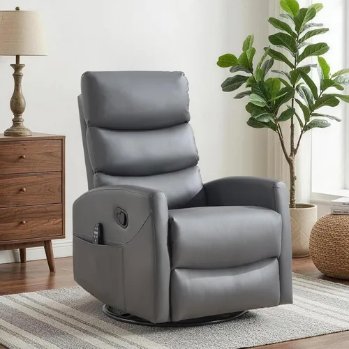Vista 8 de SoarFlash Mecedora reclinable giratoria de 360°, mecedora con masaje de calor y vibración, silla de piel sintética para sala de estar, espacios