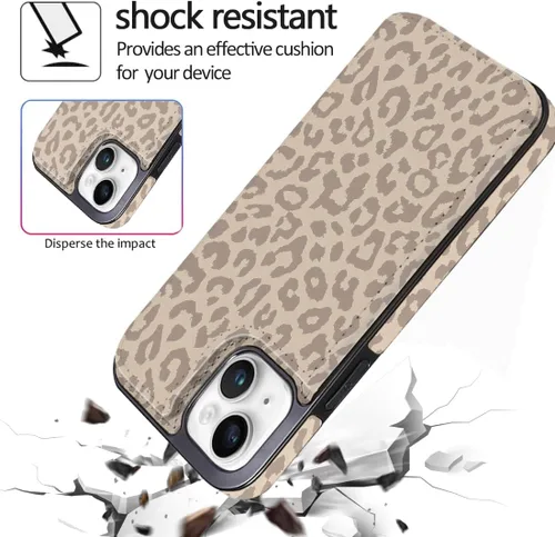 Vista 6 de Funda compatible con iPhone 14/15 con tarjetero y ranuras integradas de piel sintética con función atril y a prueba de golpes para iPhone 14/15