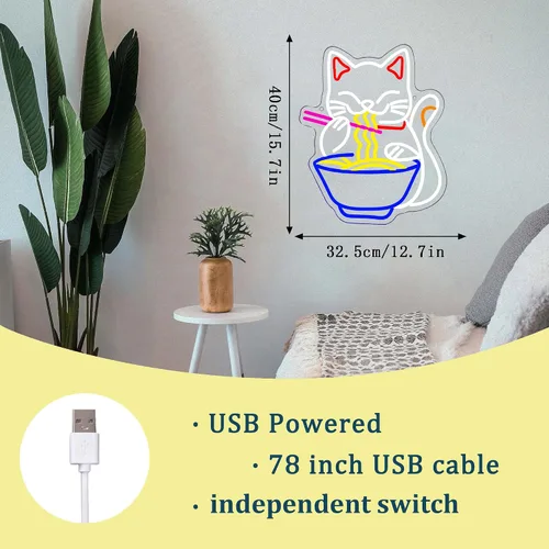 Vista 5 de Letrero de neón de gato de la fortuna Ramen, letrero de neón LED de gato de la suerte japonés regulable para decoración de pared, alimentado por USB