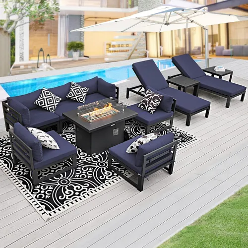 Vista 28 de BULEXYARD - Sofá modular de aluminio para exteriores con mesa para fogata, 7 piezas, color verde azulado
