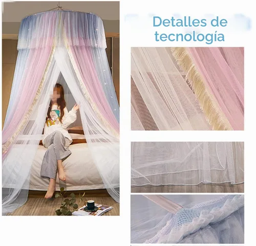 Vista 5 de VETHIN - Dosel de cama de princesa para niñas, cortina de dosel de cama de doble capa con malla transparente, mosquitero de princesa con encaje