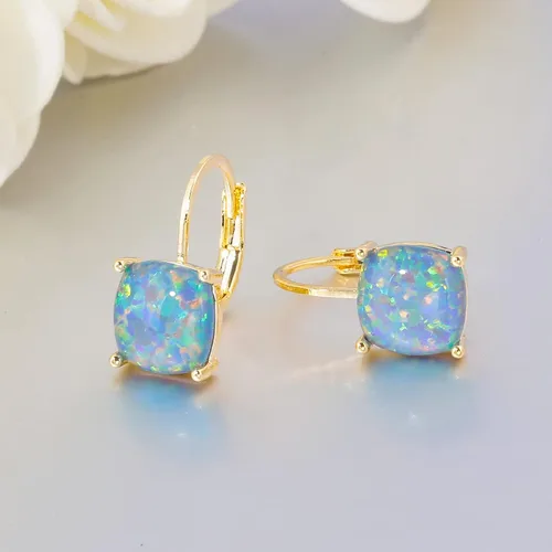 Vista 5 de CiNily Aretes colgantes para mujeres y niñas, hipoalergénicos, chapados en oro de 14 quilates, aretes con dije cuadrado de ópalo, aretes de palanca