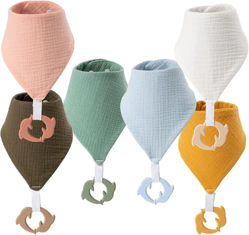 Vista 8 de Baberos de dentición para bebé, paquete de 6 con mordedor acoplable, 100% algodón orgánico, baberos súper absorbentes y suaves 6-Pack Muslin Baby