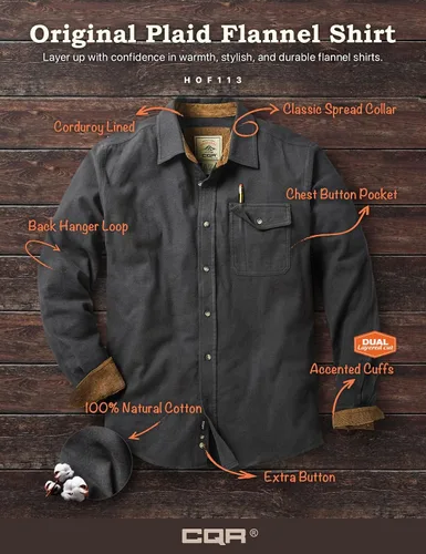 Vista 7 de CQR - Camisa de franela de algodón a cuadros con botones y manga larga para hombre, algodón cepillado suave, camisa de estilo informal