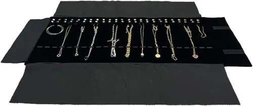 Vista 2 de Bolsa organizadora de terciopelo para collares, pulseras, color negro extra grande con banda elástica solo para collares