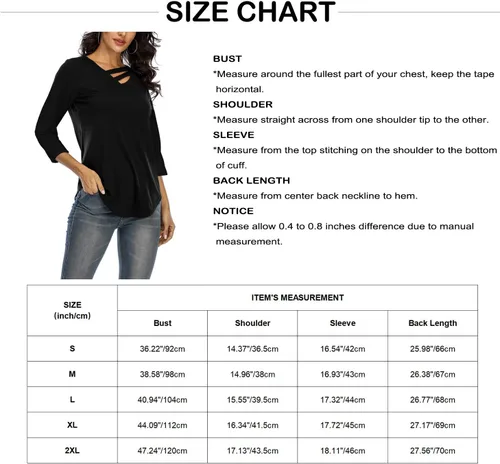 Vista 5 de Davenil Blusas de manga 34 para mujer, cuello en V, dobladillo irregular, blusas sueltas casuales