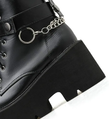 Vista 4 de Parisuit Botines góticos de charol para mujer, con plataforma, tacón alto grueso, con cordones, botas de combate punk, botas cortas
