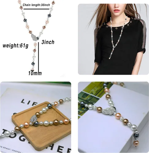 Vista 3 de Collar en forma de Y, collar bohemio con perlas de cristal y hojas colgantes, collar largo a la moda, elegante, con borla, suéter de cadena