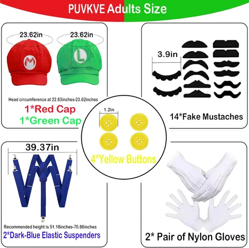 Vista 3 de PUVKVE Super Brothers - Sombrero de fontanero para niños y adultos, disfraz de Bros Gorras Videojuego Maleo Juego de rol Cosplay Halloween