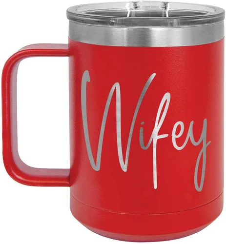 Vista 6 de WIFEY B Negro 15 oz taza de café w/tapa superior deslizante Taza de café de viaje aislado Ideas de regalo de cumpleaños o Navidad de mujeres