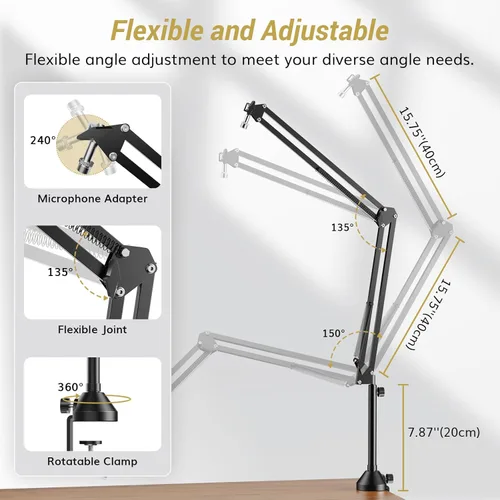 Vista 5 de TONOR Brazo de brazo de micrófono, brazo de micrófono ajustable con filtro pop extra grande, adaptador de tornillo de 3/8 pulgadas y 5/8 pulgadas