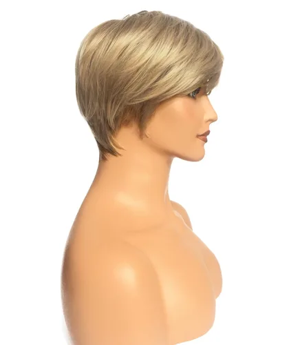 Vista 4 de Peluca corta rubia con flequillo, corte Pixie en capas, para mujer, fibra sintética, sin pegamento, esponjosa, aspecto natural