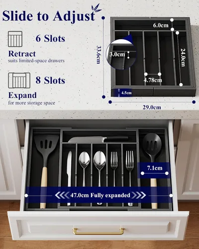 Vista 2 de Kitsure Organizador de cubiertos – Organizador de cajones de cocina de bambú expandible para utensilios de cocina y cubiertos, organizadores