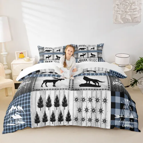 Vista 12 de Juego de funda de edredón para niños de ciervo, oso, lobo, tamaño individual, juego de ropa de cama de cabaña de aventura para niños, niñas