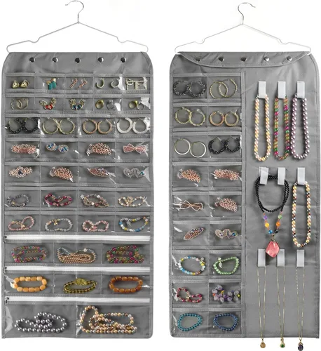 Vista 22 de BB Brotrade Organizador colgante de joyas, organizador de accesorios, organizador de 80 bolsillos para guardar joyas (beige)