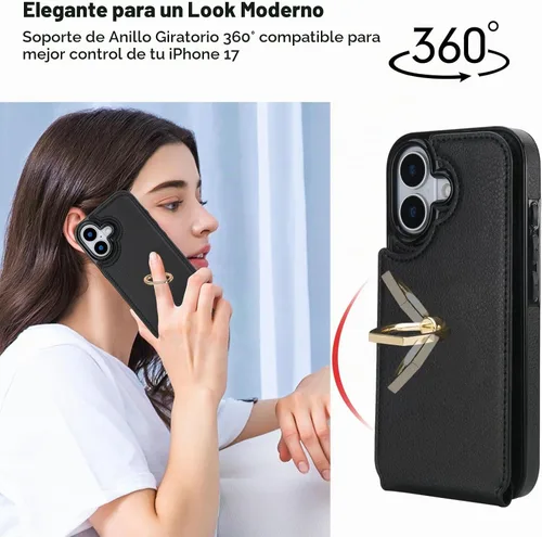 Vista 3 de Folosu Funda compatible con iPhone 17 con soporte para tarjetas, rotación de 360°, soporte de anillo de dedo con función atril, bloqueo RFID