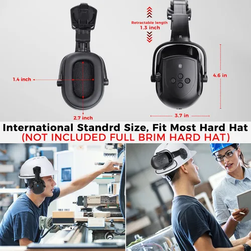 Vista 5 de BJKing Orejeras para casco duro con Bluetooth, NRR 28dB, orejeras ajustables montadas en la tapa, orejeras acoplables para casco