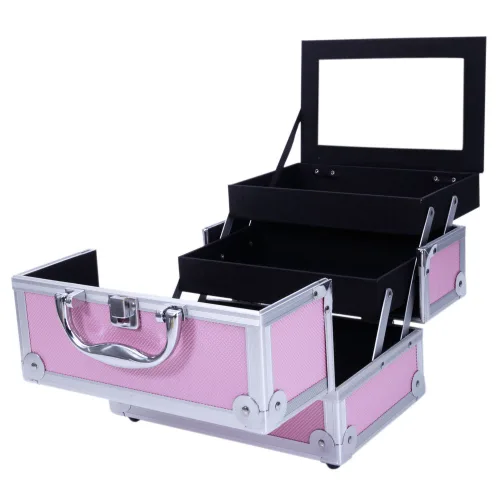 Vista 5 de Estuche de tren de maquillaje portátil profesional, estuche de aluminio para maquillaje, joyero, organizador de almacenamiento de cosméticos con Rosa