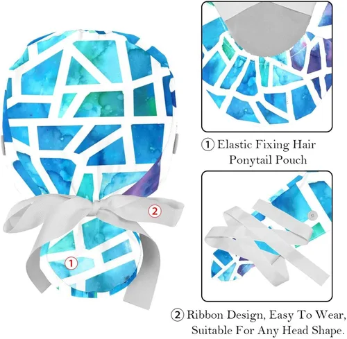 Vista 4 de 2 Pcs Womens Working Caps with Button Flamingo Green Tropical Leaves Pattern Long Hair Cover Ribbon Lace-Up Hat