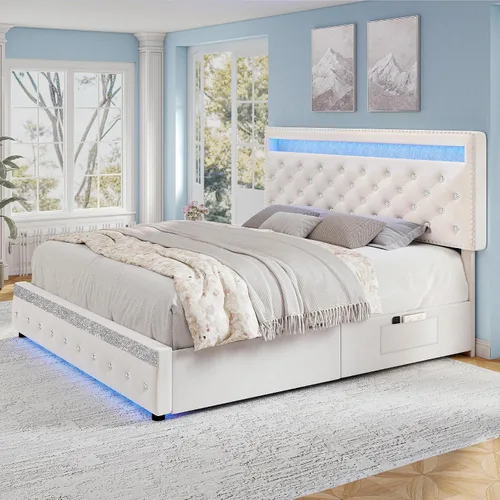 Vista 7 de Torana Marco de cama LED completo con cabecero y cajones ajustables, terciopelo crema Beige
