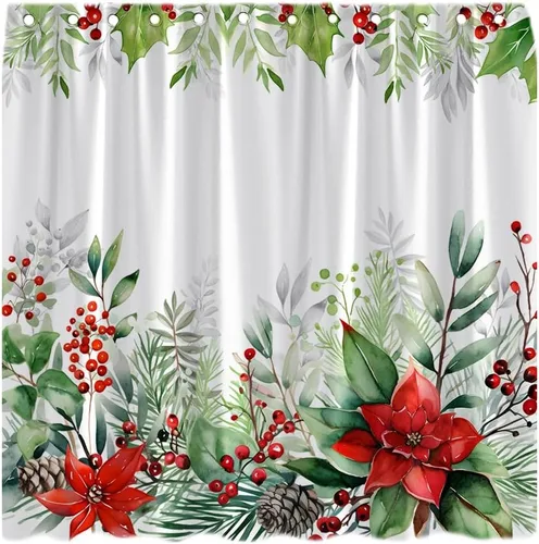 Vista 3 de Cortina de ducha de flores de Navidad, flor de pascua, bayas de acebo, acuarela, hojas de eucalipto verde, naturaleza, feliz año nuevo, invierno