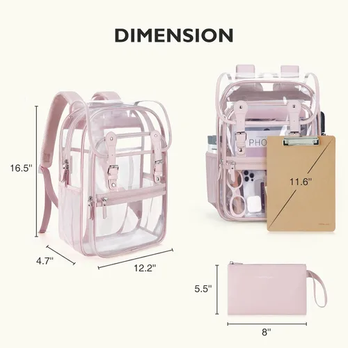 Vista 6 de mommore Mochila transparente resistente de PVC grueso con bolsa para lápices, 2 compartimentos, mochila transparente