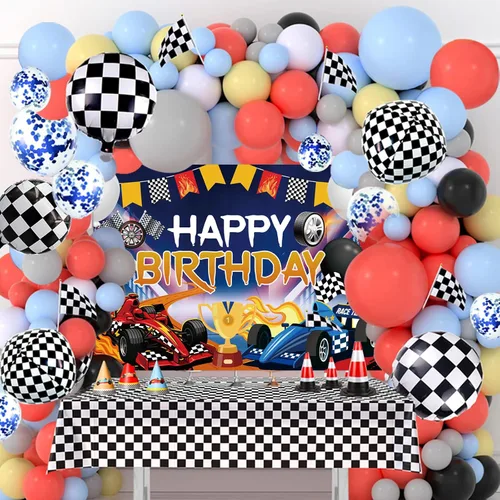 Vista 9 de Decoración de fiesta de cumpleaños de coche de carreras, globos de automóvil de carreras con flecos de aluminio a cuadros, telón de fondo