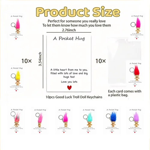 Vista 2 de 10pcs Pocket Hug Cards with Vintage Lucky mini troll dolls keychains