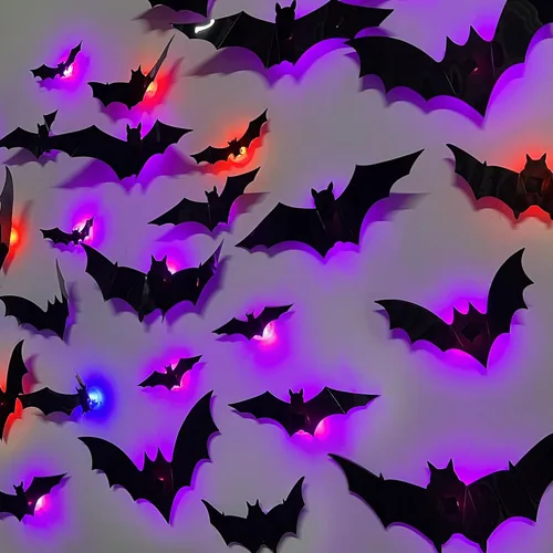 Vista 11 de DR.DUDU - Paquete de 36 murciélagos para decoración de pared de murciélagos para interiores Light Up Green LED, Assorted Size, 3D Bat Stickers