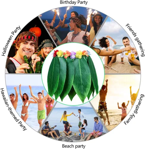 Vista 7 de Hangnuo Juego de 5 piezas de falda hula hawaiana con hojas verdes, collar, pulseras, diadema, recuerdos de fiesta Luau para adultos, mujeres