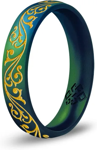 Vista 5 de Knot Theory Anillo de silicona de filigrana y hoja de laurel con incrustaciones de oro, anillo de boda de silicona grabado, para actividades