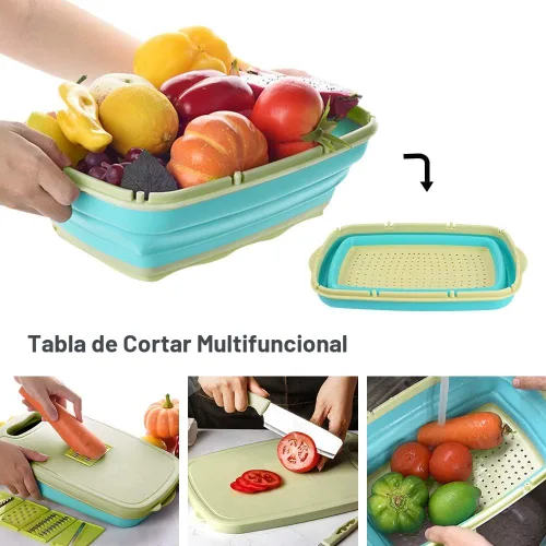 Vista 3 de Tabla de cortar para acampar, HI NINGER - Tabla de cortar plegable con colador, tabla de cortar multifuncional 9 en 1, cesta de lavado de verduras