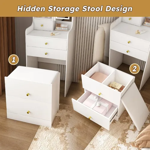 Vista 6 de Runboll - Mesa de Tocador Compacta con Taburete de Almacenamiento y Espejo Iluminado Ajustable, Escritorio de Maquillaje Pequeño 3-en-1 con 4