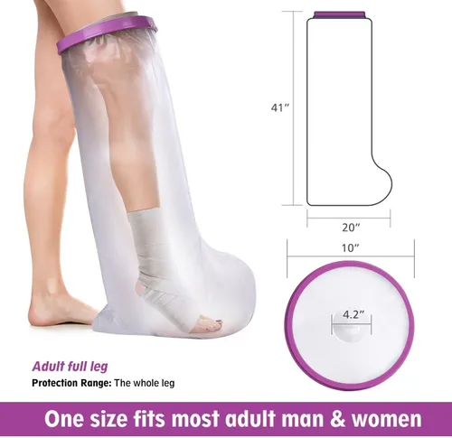 Vista 2 de Funda impermeable de pierna completa, protector de ducha reutilizable para rodillas, pies, vendaje de tobillo y cuidado de heridas, color morado
