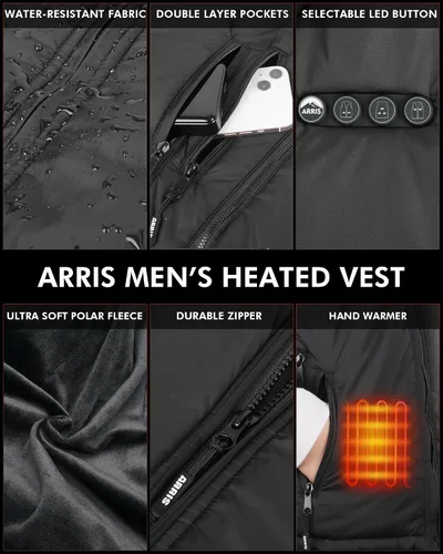 Vista 4 de ARRIS Fleece Heated Vest for Men with Battery Pack Included, Size Adjustable 8 Heating Zones for Hunting Black