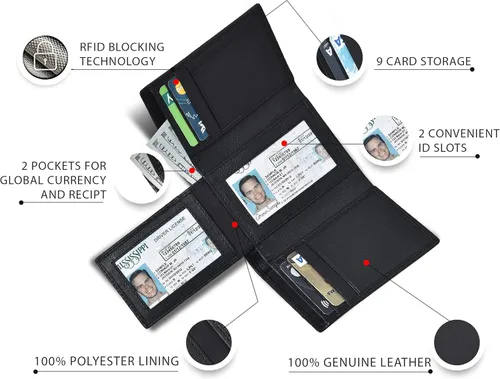 Vista 4 de Billetera triple de cuero real para hombres - Carteras RFID delgadas 9 tarjetas de crédito titular 2 compartimentos de identificación regalo