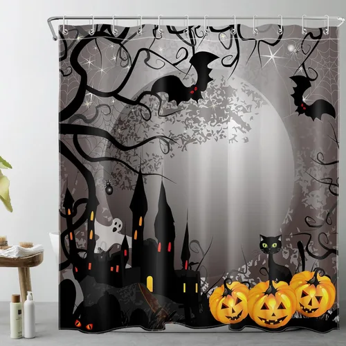 Vista 7 de EOBTAIN Cortina de ducha de calabaza espeluznante de Halloween, fantasma y gato murciélago con casa embrujada en noche oscura aterradora, cortina