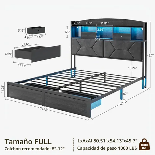 Vista 2 de DOGIBIXO - Marco de cama de tamaño matrimonial color negro con 4 almacenamientos, base de cama tapizada de terciopelo con cabecero capitoné